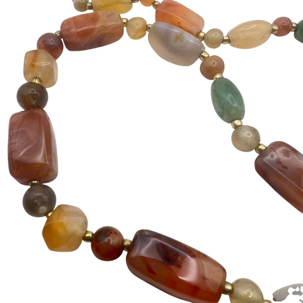 Multicolor Carnelian Agate Beaded Necklace 33" Gold-Tone Barrel Earthy Boho - Picture 4 of 14
